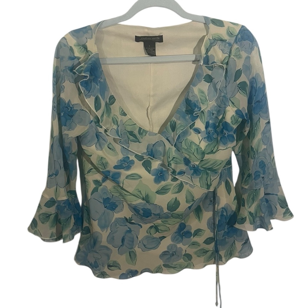 90s jonathan martin white blue sheer floral tie milkmaid top